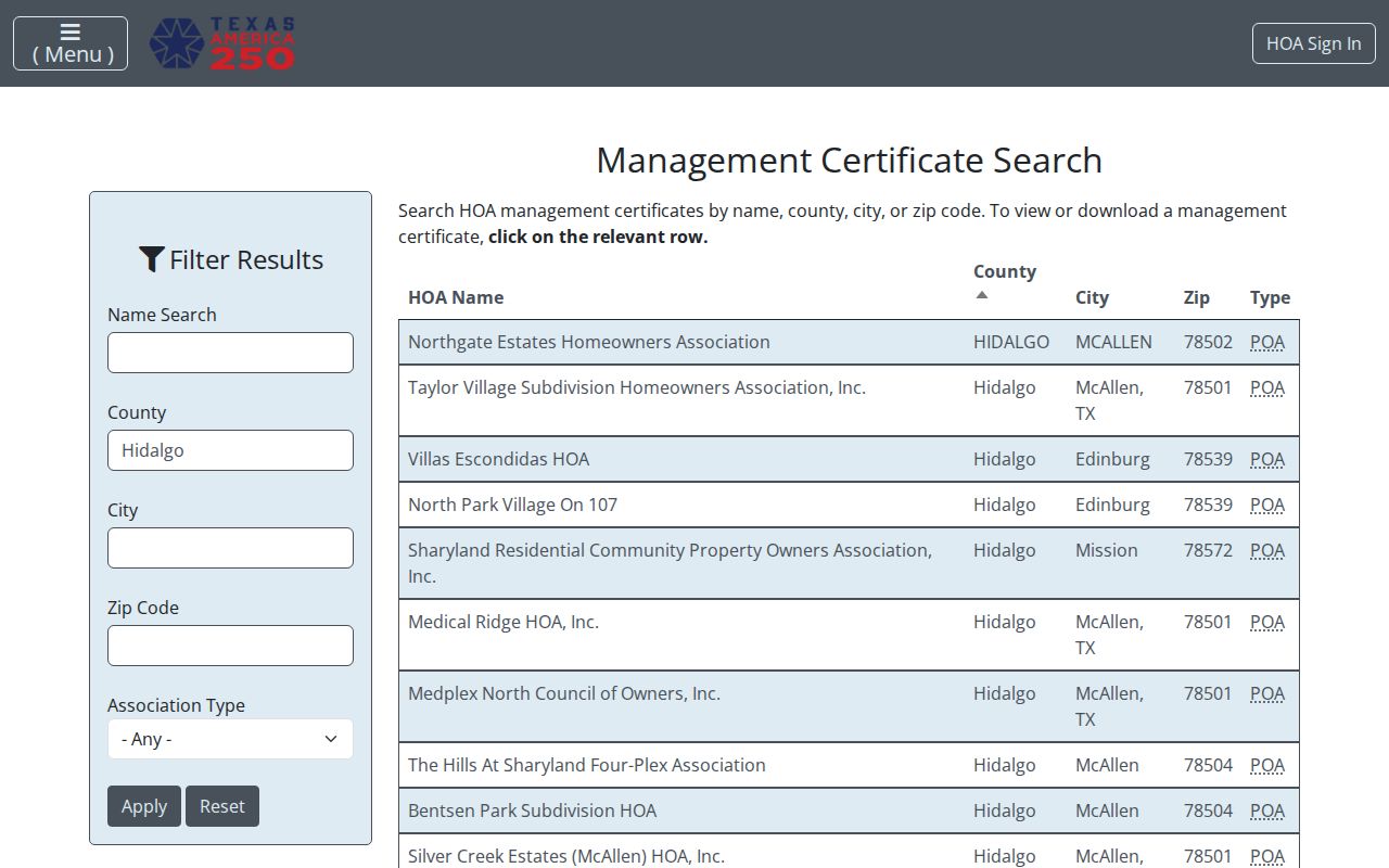 Weslaco neighbors context in the Texas HOA management certificate search