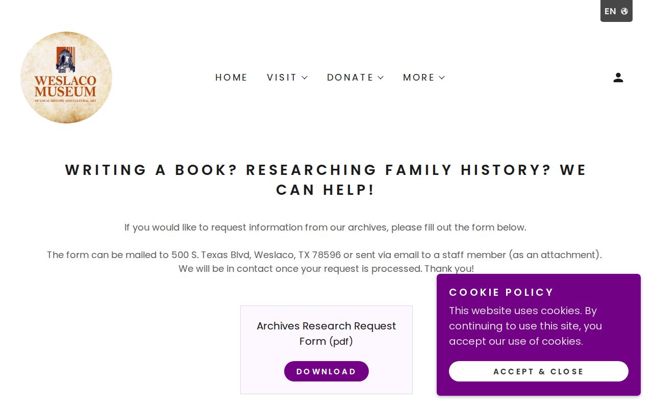 Weslaco previous residents archive research request at Weslaco Museum