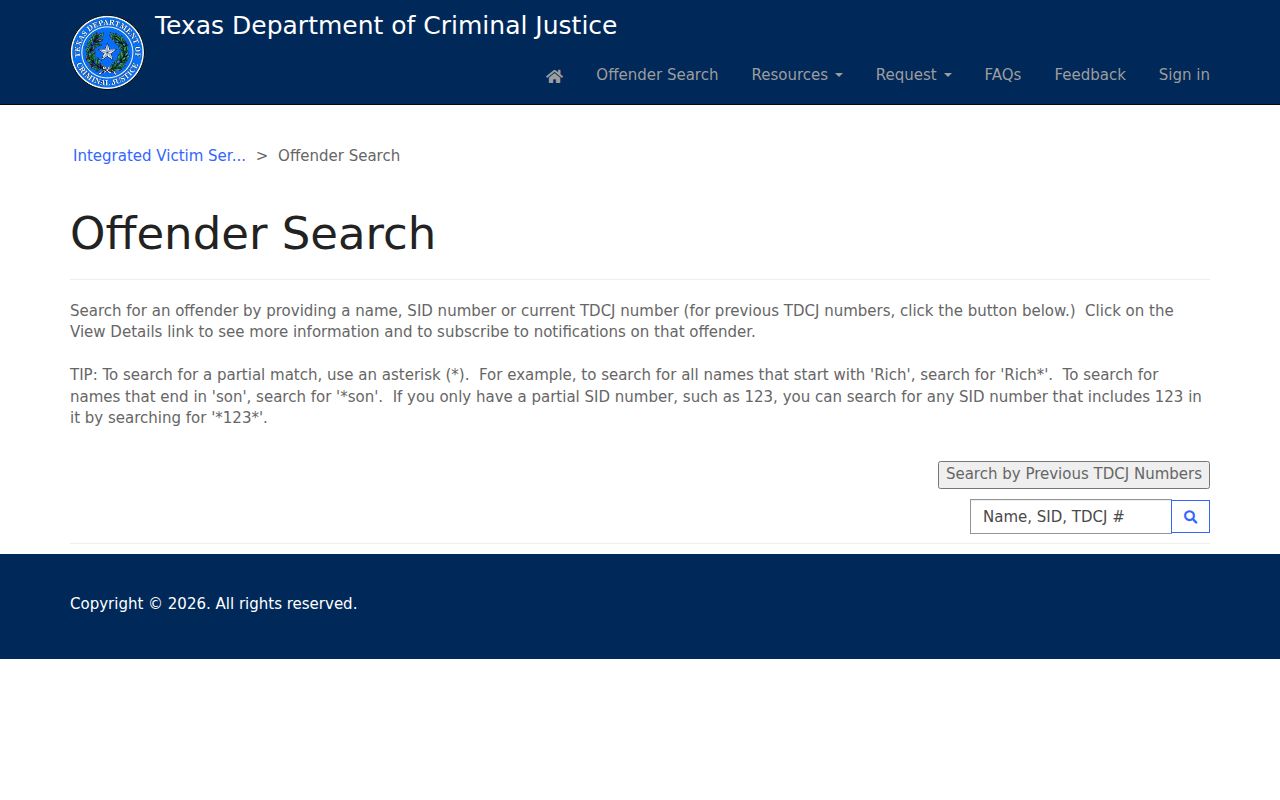 Weslaco resident lookup context with Texas TDCJ name and identification search